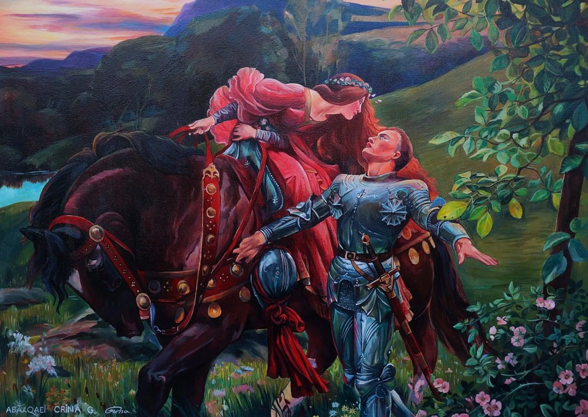 La Belle Dame sans Merci — after Sir Frank Dicksee, 1901 — Acrylic on canvas 90x60cm by Crina-Georgiana Abăloaei