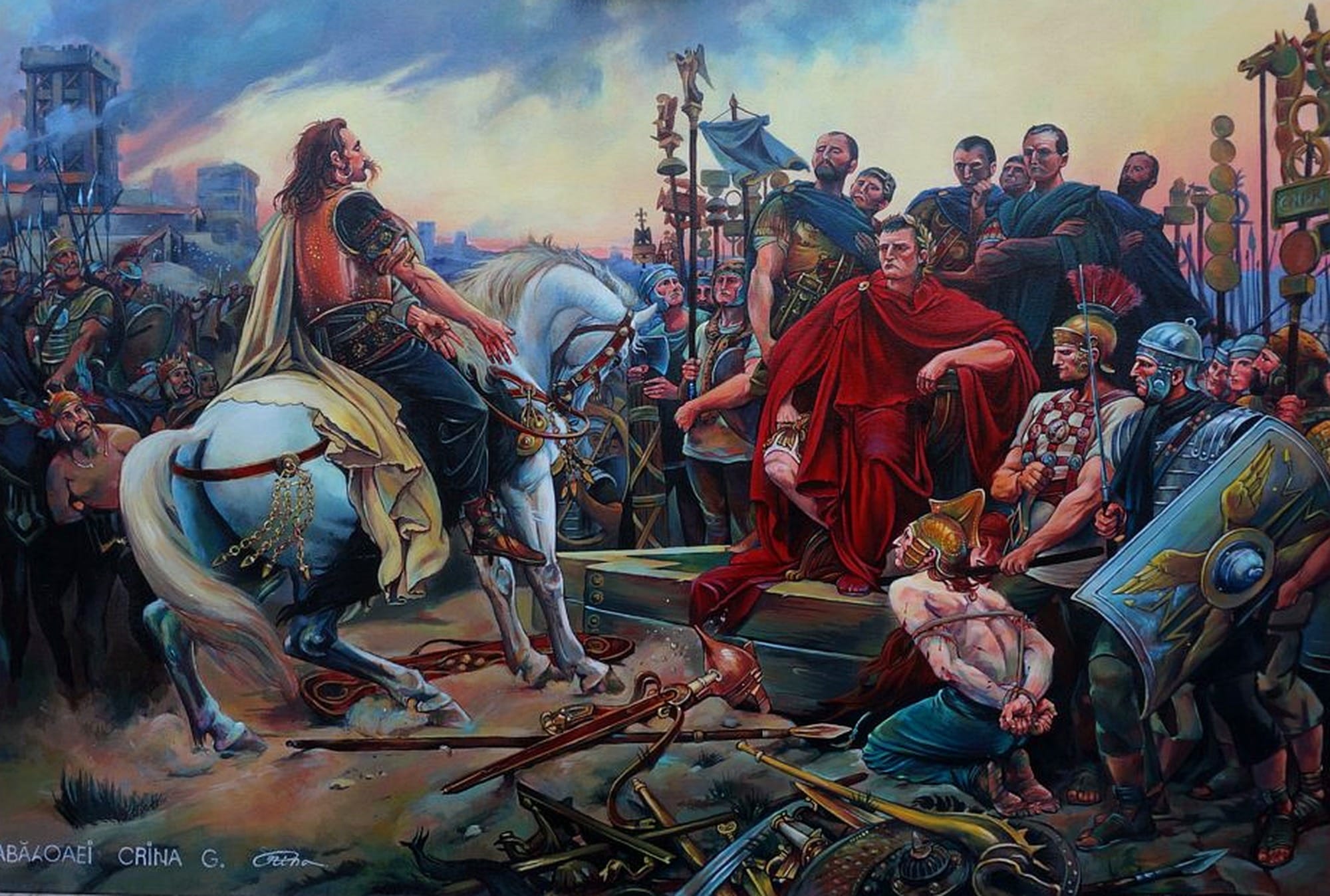 Vercingetorix Throwing Down His Weapons at the Feet of Julius Caesar — after Lionel Royer, 1899 — Acrylic on canvas 90x60cm by Crina-Georgiana Abăloaei