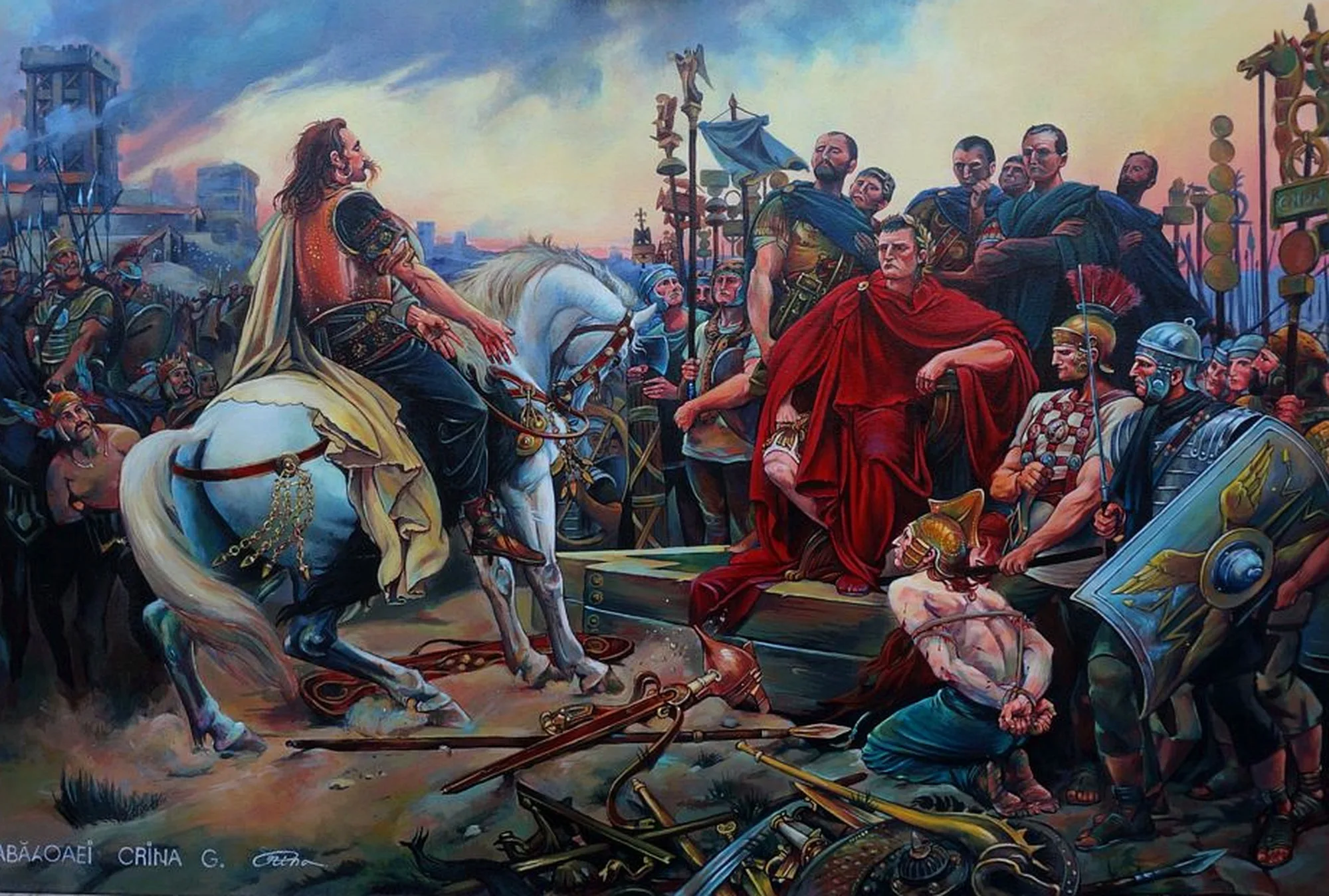 Vercingetorix Throwing Down His Weapons at the Feet of Julius Caesar — after Lionel Royer, 1899 — Acrylic on canvas 90x60cm by Crina-Georgiana Abăloaei