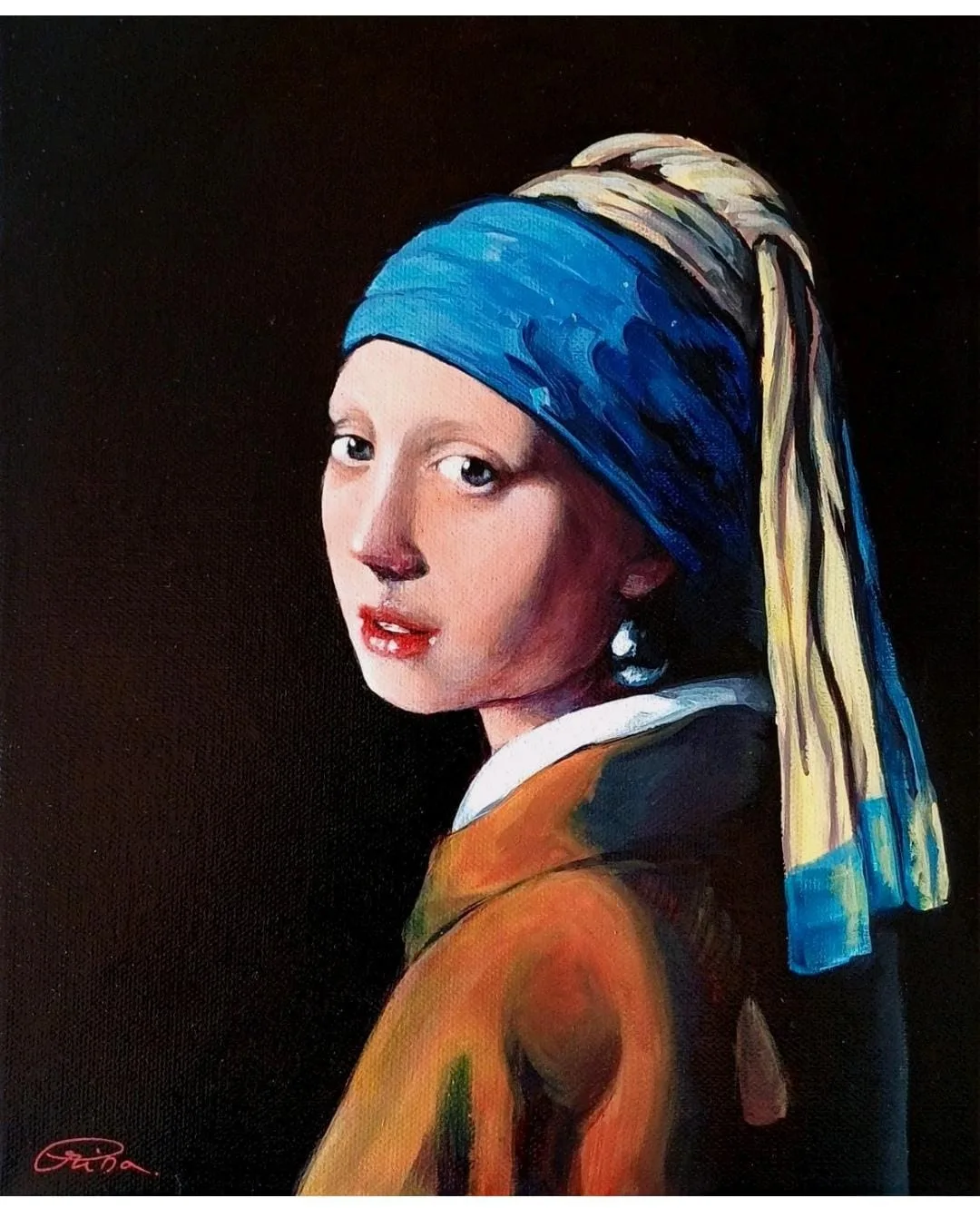 Girl with a Pearl Earring — after Johannes Vermeer, c. 1665 — Acrylic on canvas, 25×30 cm, 2026, by Crina-Georgiana Abăloaei